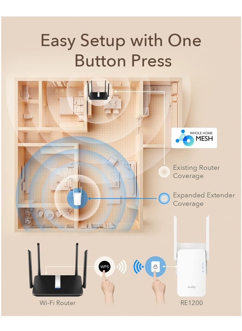 cudy - Cudy New AC1200 Mesh WiFi Extender, Up to 1200Mbps Dual Band WiFi Range Extender, WiFi Booster, 2.4GHz, 5GHz, Long Range, AP Mode, WPS, RE1200 - Image 1