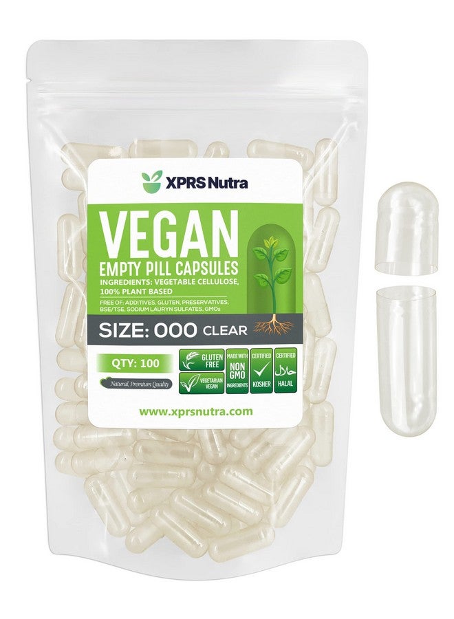 XPRS Nutra كبسولات نباتية فارغة شفافة بحجم 000، 100 كبسولة حبوب نباتية/نباتية، تعبئة مكملات غذائية بنفسك - Image 1