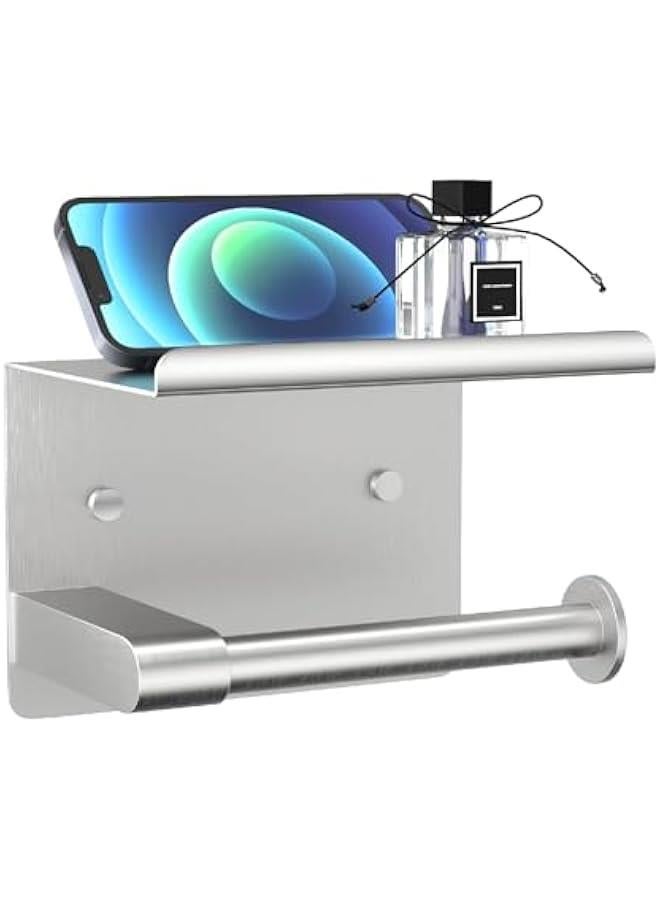 HOOKOR Toilet Paper Holder,Wall Mount Toilet Paper Holder with Phone Shelf,Adhesive or Screw Wall Mounted Toilet Paper Roll Storage, Silver Bathroom Toilet Paper Holder - Image 1