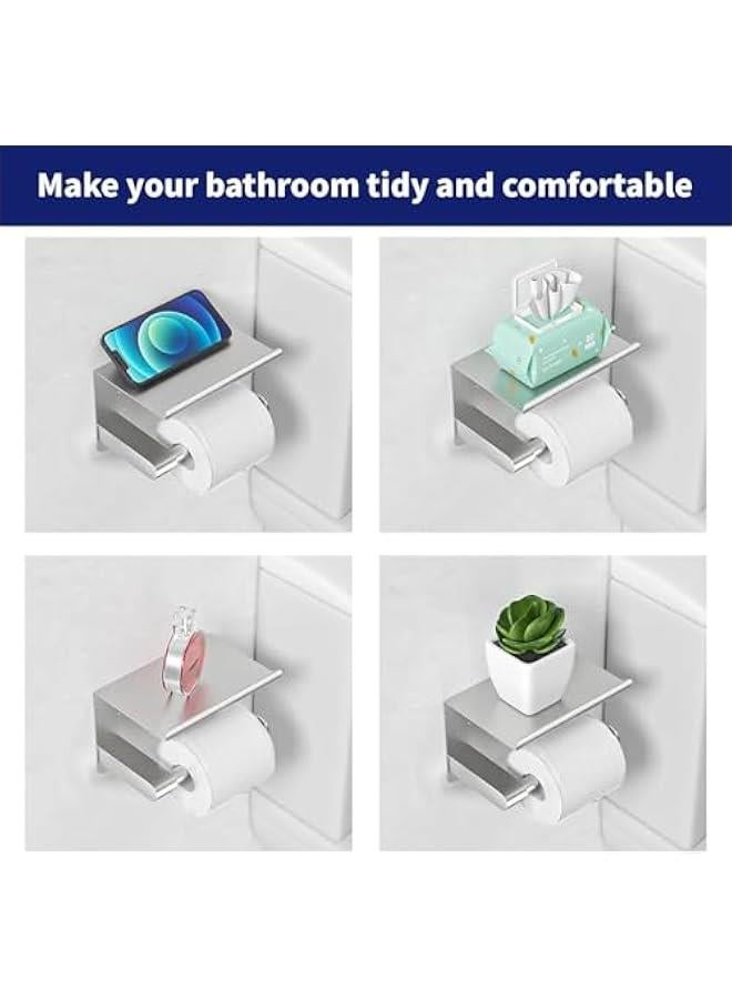 HOOKOR Toilet Paper Holder,Wall Mount Toilet Paper Holder with Phone Shelf,Adhesive or Screw Wall Mounted Toilet Paper Roll Storage, Silver Bathroom Toilet Paper Holder - Image 3