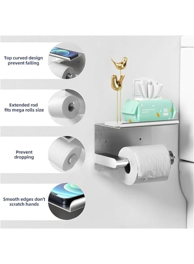 HOOKOR Toilet Paper Holder,Wall Mount Toilet Paper Holder with Phone Shelf,Adhesive or Screw Wall Mounted Toilet Paper Roll Storage, Silver Bathroom Toilet Paper Holder - Image 2