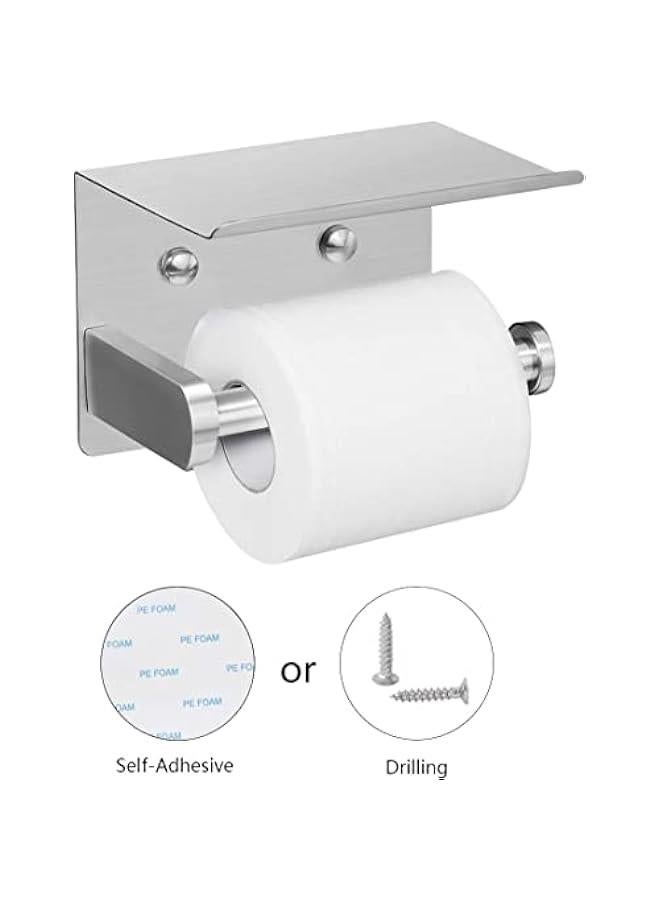 HOOKOR Toilet Paper Holder,Wall Mount Toilet Paper Holder with Phone Shelf,Adhesive or Screw Wall Mounted Toilet Paper Roll Storage, Silver Bathroom Toilet Paper Holder - Image 4