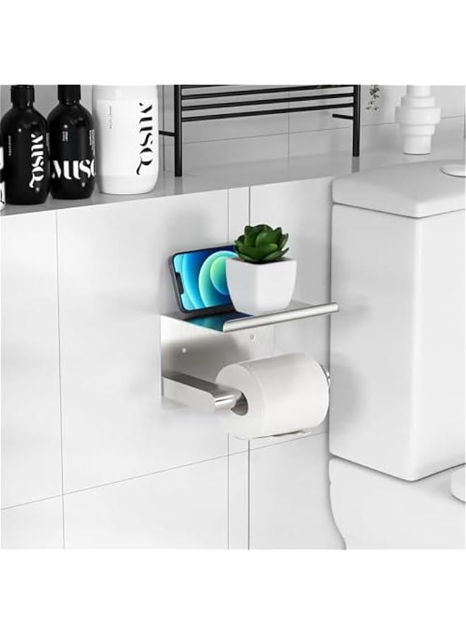HOOKOR Toilet Paper Holder,Wall Mount Toilet Paper Holder with Phone Shelf,Adhesive or Screw Wall Mounted Toilet Paper Roll Storage, Silver Bathroom Toilet Paper Holder - Image 5