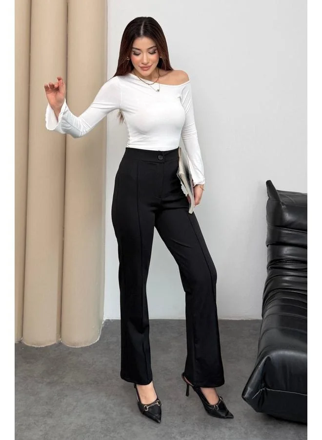 Mmetalic  Women's High-Waist Button-Zipper elastane Black Straight Comfortable Ribbed Palazzo Pants. for Women | Best Price UAE
