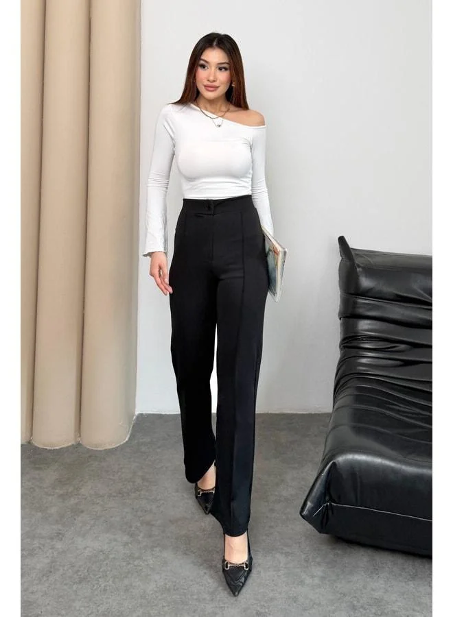 Mmetalic  Women's High-Waist Button-Zipper elastane Black Straight Comfortable Ribbed Palazzo Pants. for Women | Best Price UAE