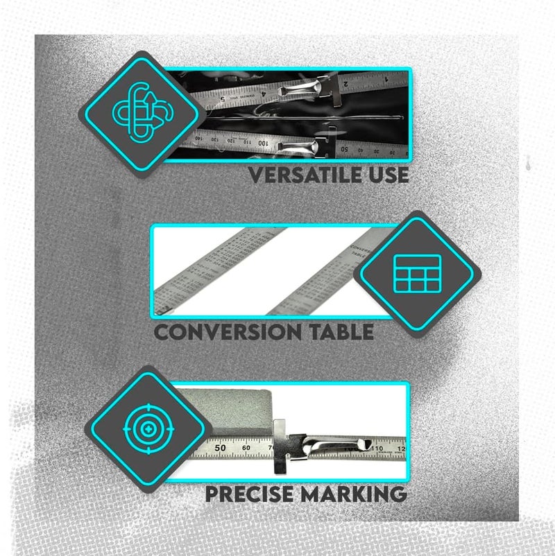SE Stainless Steel SAE Metric Ruler Set Stainless Steel Precision Ruler Measuring Tool Detachable Clips Set of 2 Pcs 925PSR2 - Image 3