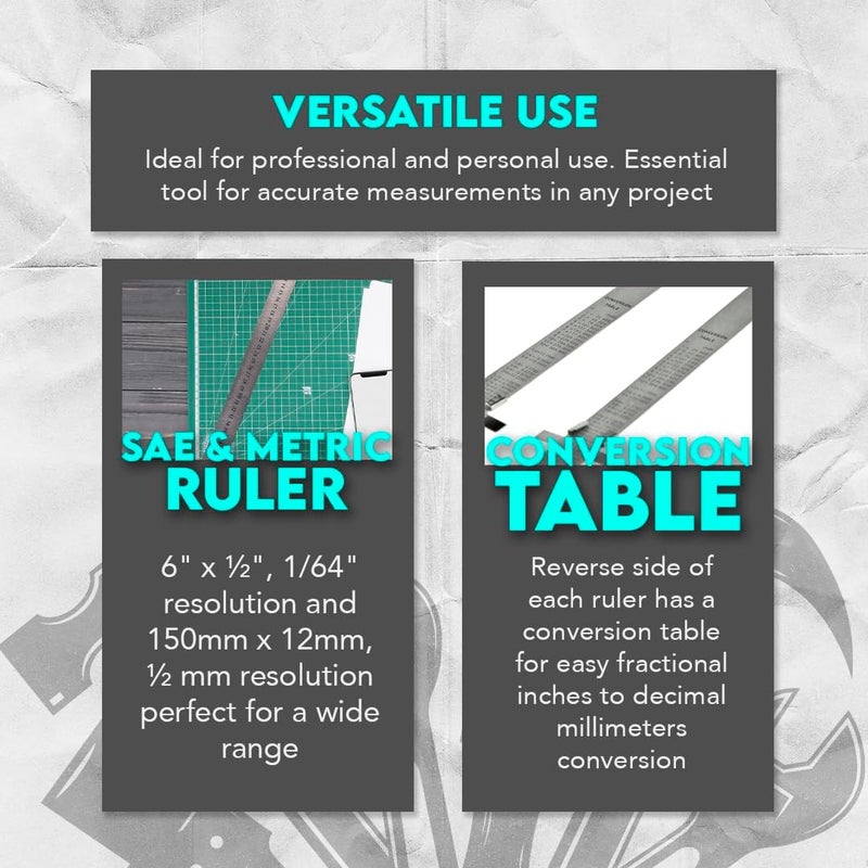 SE Stainless Steel SAE Metric Ruler Set Stainless Steel Precision Ruler Measuring Tool Detachable Clips Set of 2 Pcs 925PSR2 - Image 5