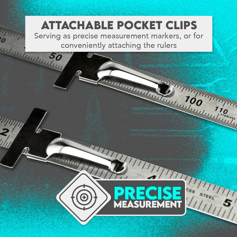 SE Stainless Steel SAE Metric Ruler Set Stainless Steel Precision Ruler Measuring Tool Detachable Clips Set of 2 Pcs 925PSR2 - Image 4