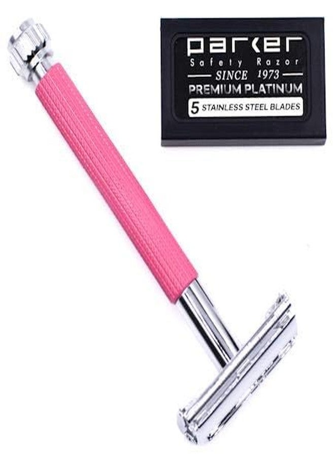 Parker Safety Razor Parker 29L Pink, Long Handle Butterfly Open Double Edge Safety Razor for Women, 5 Parker Premium Platinum Double Edge Razor Blades Included - Image 3