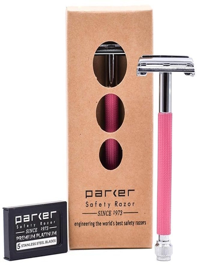 Parker Safety Razor Parker 29L Pink, Long Handle Butterfly Open Double Edge Safety Razor for Women, 5 Parker Premium Platinum Double Edge Razor Blades Included - Image 1