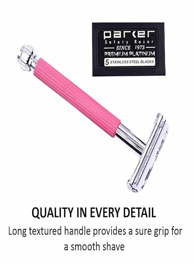 Parker Safety Razor Parker 29L Pink, Long Handle Butterfly Open Double Edge Safety Razor for Women, 5 Parker Premium Platinum Double Edge Razor Blades Included - Image 5