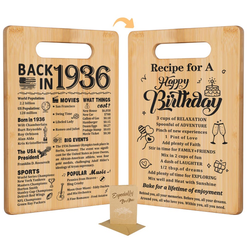 YeohJoy 90th Birthday Gifts for Women Men,Back In 1936&Recipe for A Happy Birthday Double sided Cutting Board present for Her Him,90th Bday gift ideas,cool presents for 90 year old woman - Image 1
