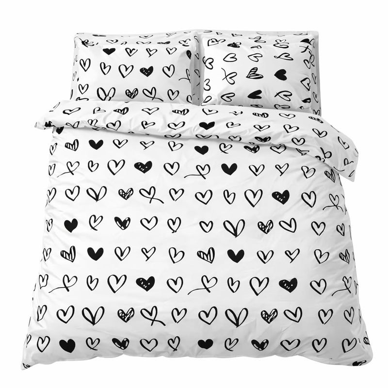 Amreya Cotton Duvet Cover Set King Size with 2 Pillowcases, White and Black Hearts Design, Floral Reversible Anti-Pilling and Shrinkage