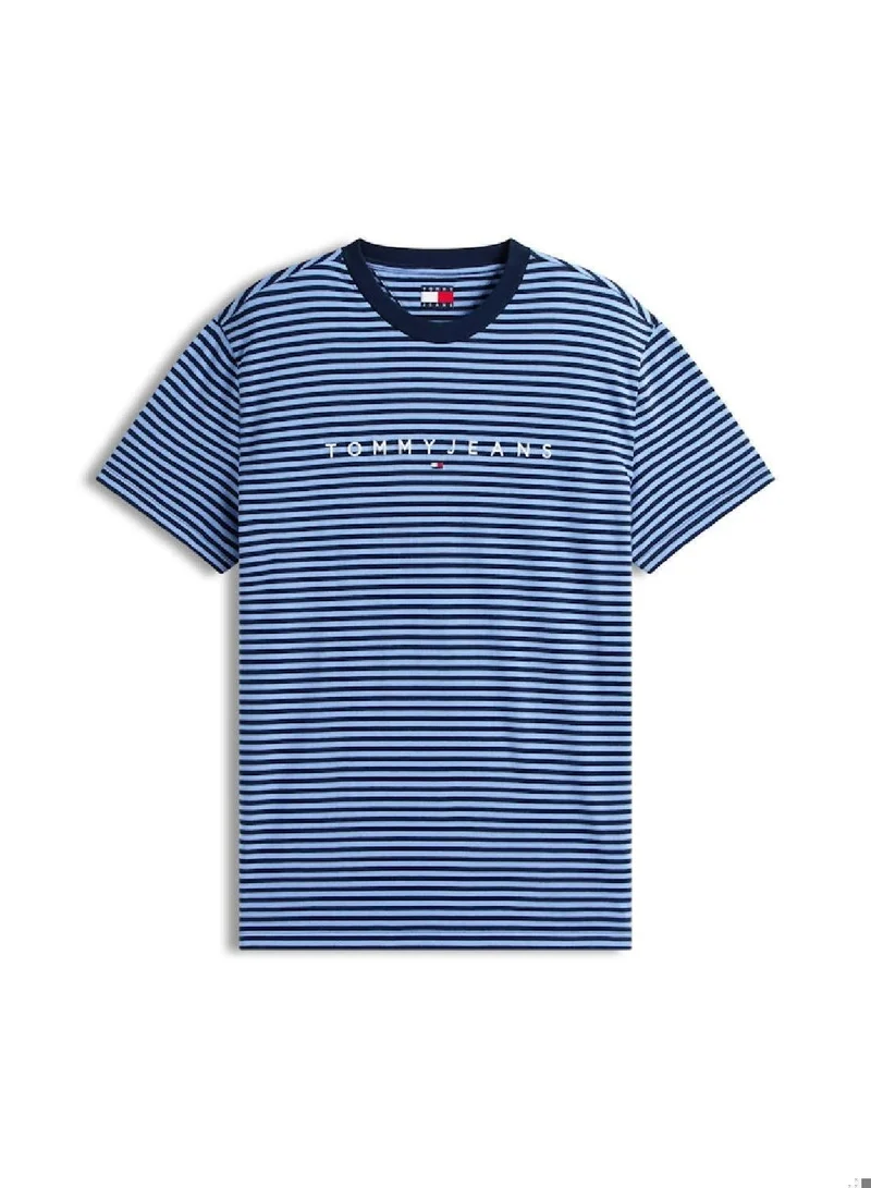 TOMMY JEANS Light Horizon Blue Stripe Linear Logo Stripe Crew Neck T-Shirt for Men | Best Price UAE