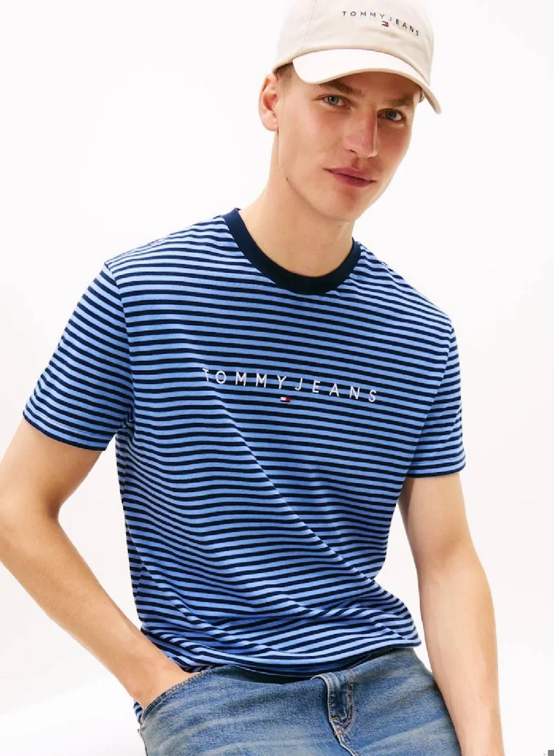 TOMMY JEANS Light Horizon Blue Stripe Linear Logo Stripe Crew Neck T-Shirt for Men | Best Price UAE