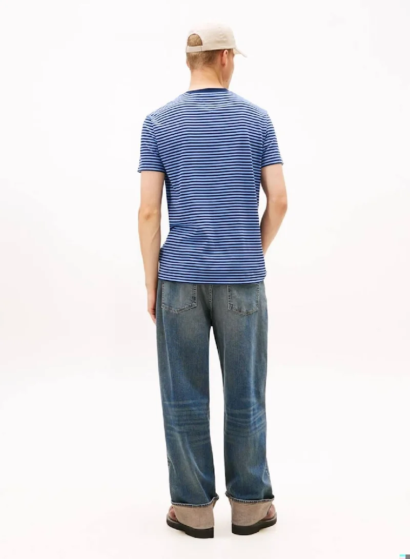 TOMMY JEANS Light Horizon Blue Stripe Linear Logo Stripe Crew Neck T-Shirt for Men | Best Price UAE