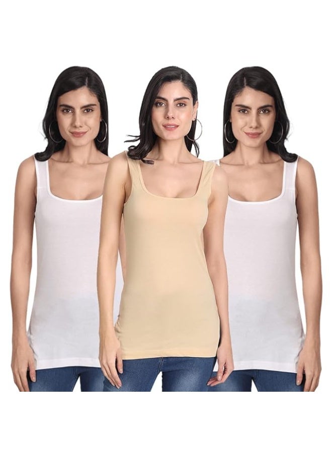 Aimly Women's Sleeveless Cotton Camisole Slip Spaghetti Combo Pack of 3, Contains 2 White and 1 Beige Color - Image 1