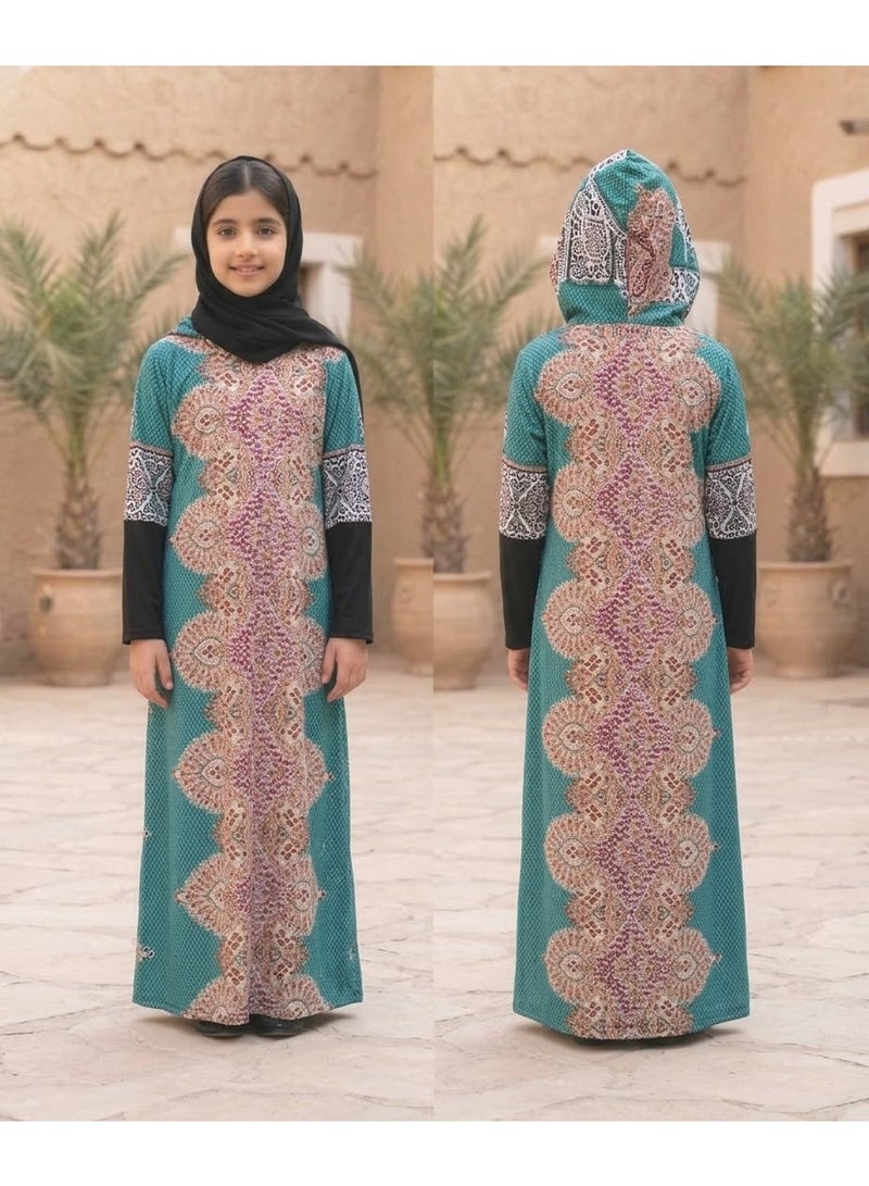 Kids Girls Prayer Esdall / Abaya Size 12 Patterned with Matching Sleeves and Hood - Islamic Prayer Dress - Image 3