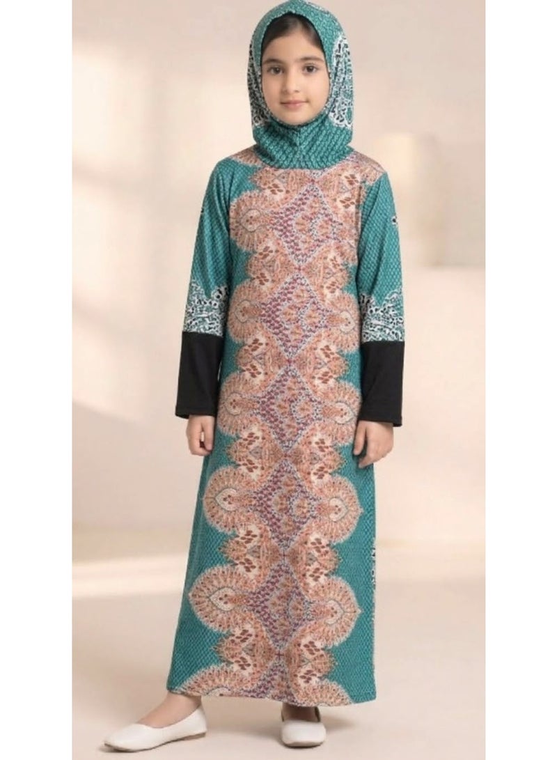 Kids Girls Prayer Esdall / Abaya Size 12 Patterned with Matching Sleeves and Hood - Islamic Prayer Dress - Image 2