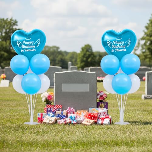 LaRandom 2 Sets Happy Birthday in Heaven Decoration Kit Include 2 Pcs Heartshaped Balloon and Stands 12 Pcs Latex Balloons for Cemetery Memory Life Funeral Condolence Anniversary Decor BlueWhite - Image 1