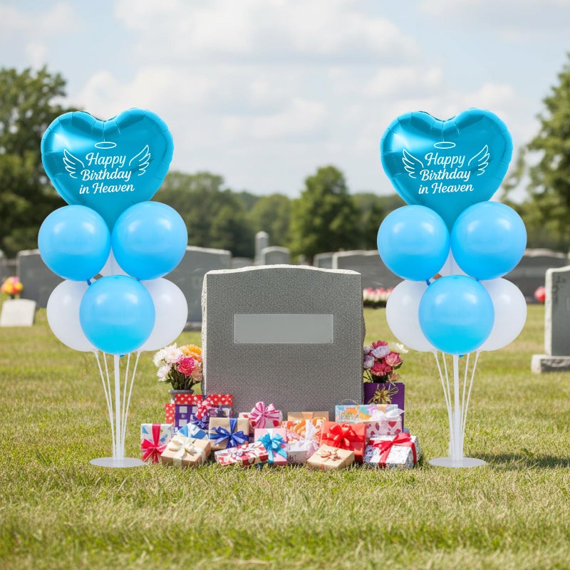 LaRandom 2 Sets Happy Birthday in Heaven Decoration Kit Include 2 Pcs Heartshaped Balloon and Stands 12 Pcs Latex Balloons for Cemetery Memory Life Funeral Condolence Anniversary Decor BlueWhite - Image 3