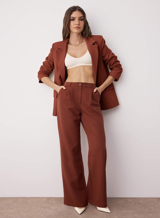 trendyol Dark Brown High Waist Wide Leg Pleated Woven Fabric Trousers - Image 2