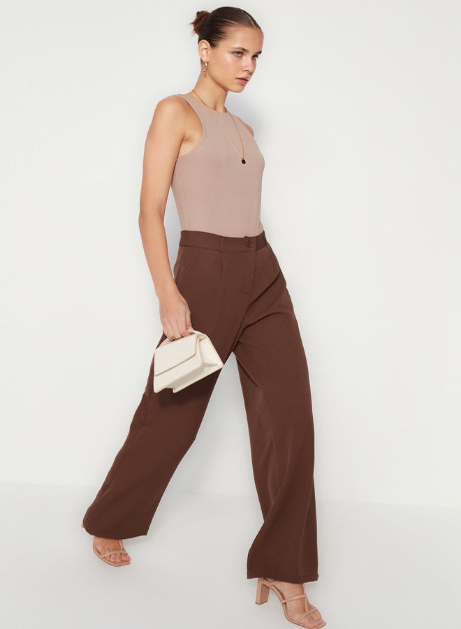 trendyol Dark Brown High Waist Wide Leg Pleated Woven Fabric Trousers - Image 5