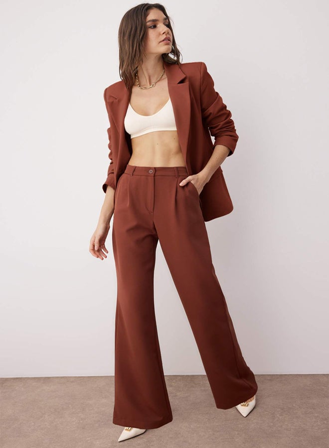 trendyol Dark Brown High Waist Wide Leg Pleated Woven Fabric Trousers - Image 1