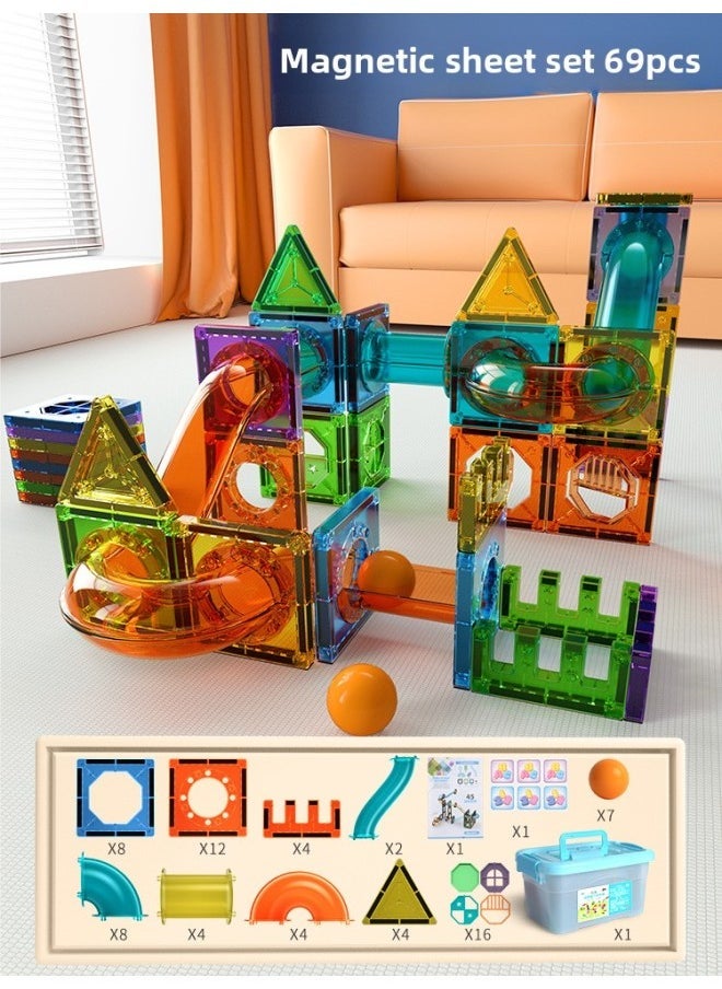 Color Window Magnetic Sheet Magnetic Building Blocks DIY Variety Toys Assembling Children Slide Ball Large Track Splicing-Color:[Magnetic Sheet Pipe] 69PCs + Storage Box - Image 1