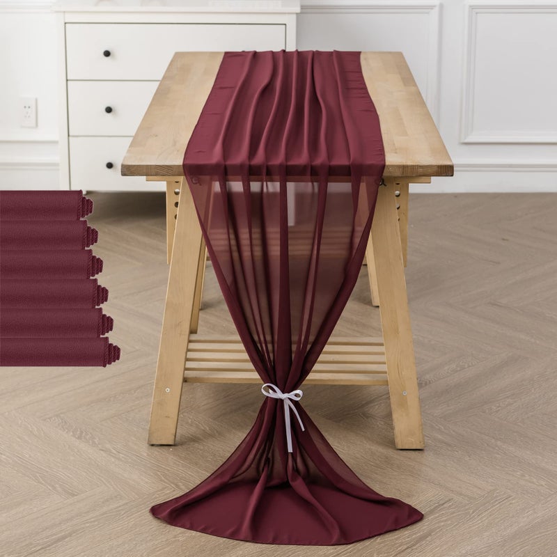 6Pack 10ft Chiffon Table Runner 29x120 Inch Sheer Romantic Table Runner for Wedding Birthday Party Bridal Shower Outdoor Decoration Burgundy