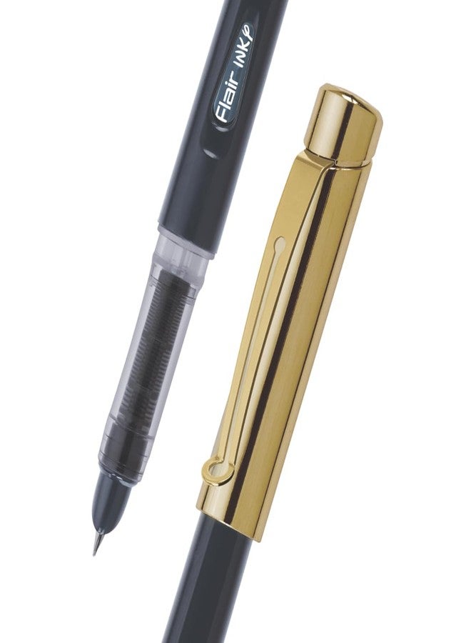 FLAIR Inky Series Gold Liquid Ink Fountain Pen Blister Pack | Stainless Steel Nib with Round Tip | Free 5 Pieces X-Large Jumbo Cartridges | Smudge Free Writing | Blue Ink, Pack of 1 - Image 3