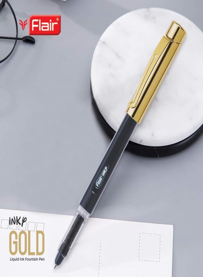 FLAIR Inky Series Gold Liquid Ink Fountain Pen Blister Pack | Stainless Steel Nib with Round Tip | Free 5 Pieces X-Large Jumbo Cartridges | Smudge Free Writing | Blue Ink, Pack of 1 - Image 4
