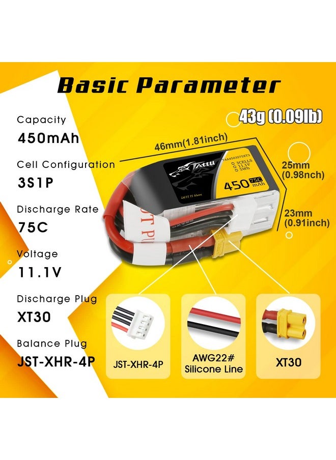 TATTU - 11.1V 3S 450Mah 75C Lipo Battery Pack With Xt30 Plug For Multirotor Fpv 90 To 150 Size - Image 1