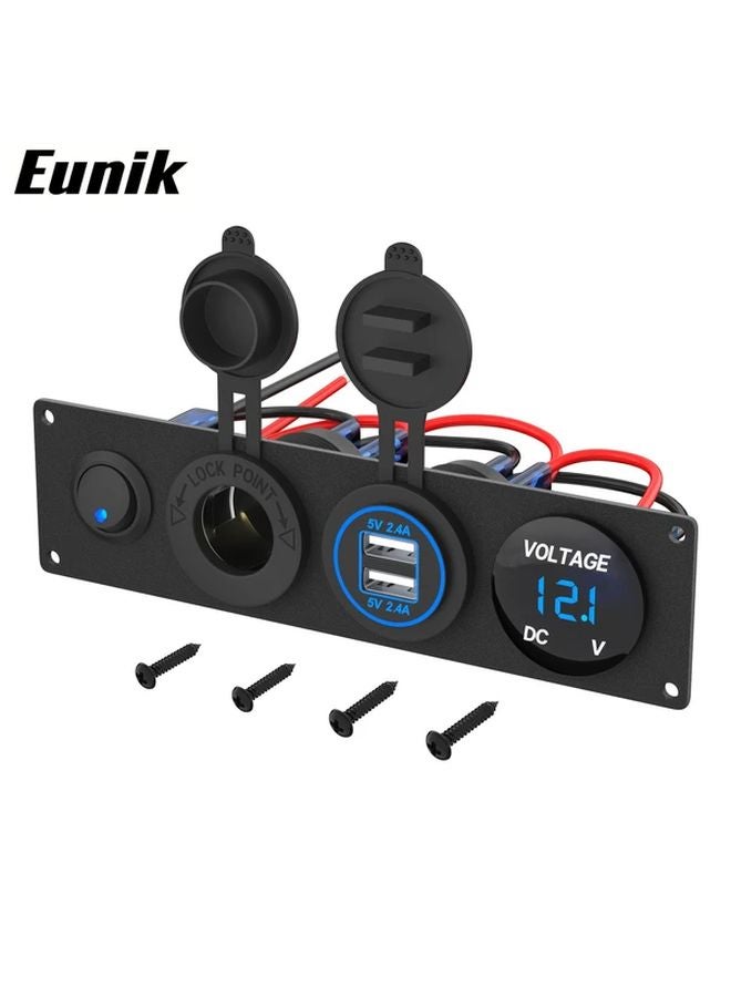 Blue 12V 4 In 1 Marine Car Power Panel 4 8A Dual USB Charger Voltmeter Switch - Image 1
