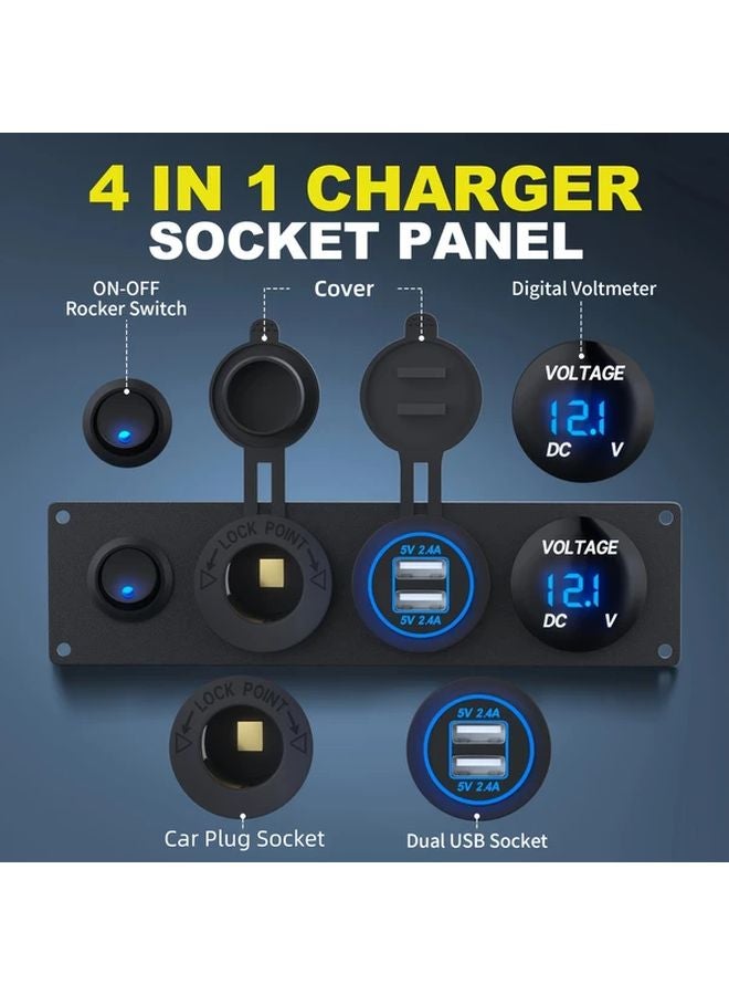 Blue 12V 4 In 1 Marine Car Power Panel 4 8A Dual USB Charger Voltmeter Switch - Image 3
