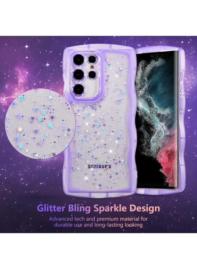For Samsung Galaxy S25 Ultra 5G Case 6.9",Cute Curly Wave Case with Star Glitter,Clear Shiny Bling Soft TPU Shockproof Phone Protective Cover for Women Girls-Purple - Image 3