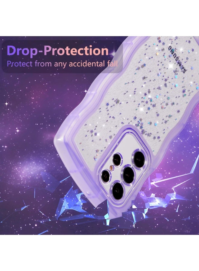 For Samsung Galaxy S25 Ultra 5G Case 6.9",Cute Curly Wave Case with Star Glitter,Clear Shiny Bling Soft TPU Shockproof Phone Protective Cover for Women Girls-Purple - Image 4
