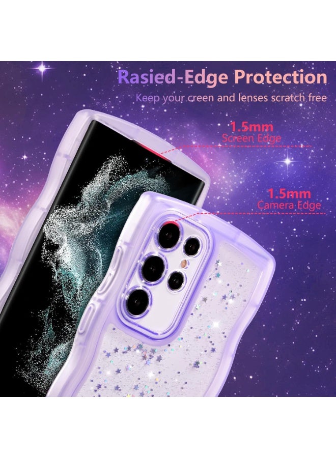 For Samsung Galaxy S25 Ultra 5G Case 6.9",Cute Curly Wave Case with Star Glitter,Clear Shiny Bling Soft TPU Shockproof Phone Protective Cover for Women Girls-Purple - Image 2