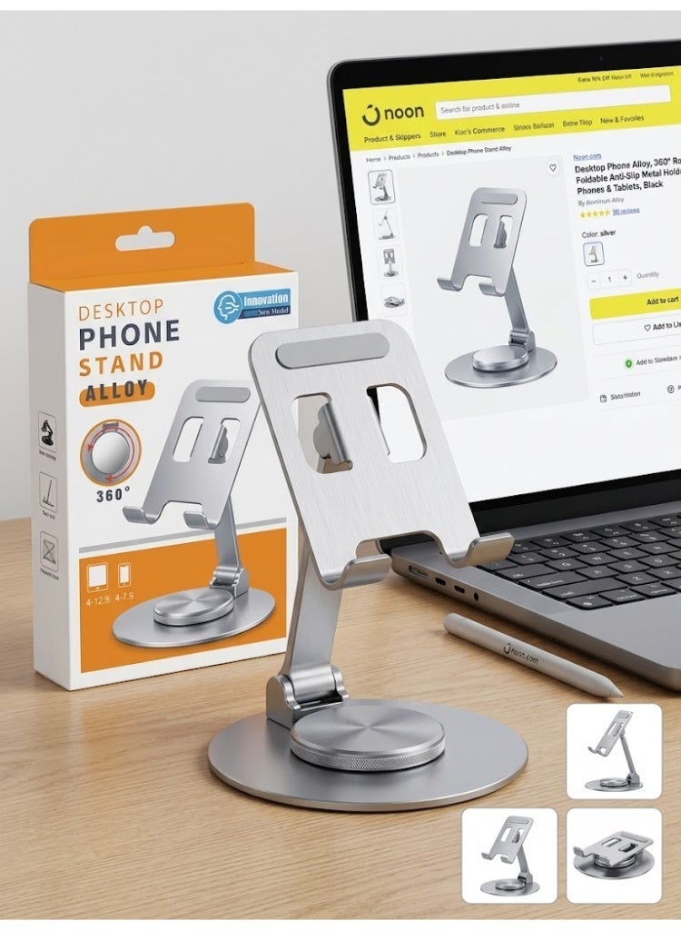 Desktop Phone Stand Alloy, 360° Rotatable & Adjustable, Foldable Anti-Slip Metal Holder for 4-12.9 Inch Mobile Phones & Tablets, Black