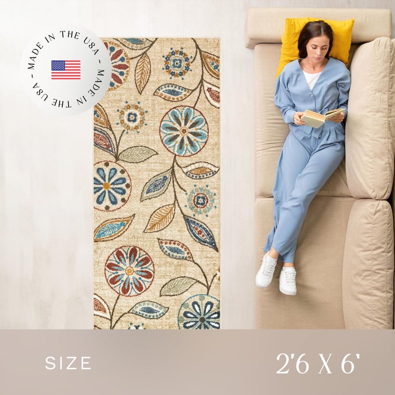 Maples Rugs Reggie Floral Runner Rug - Made in USA - Washable, Non Slip Indoor Carpet for Kitchen, Hallway, and Laundry Room, 2'6" x 6', Beige - Image 3