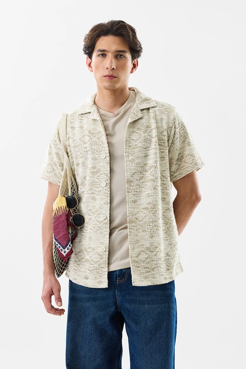 سنيتش Beige Geometric Half Sleeve Slim Fit Shirt