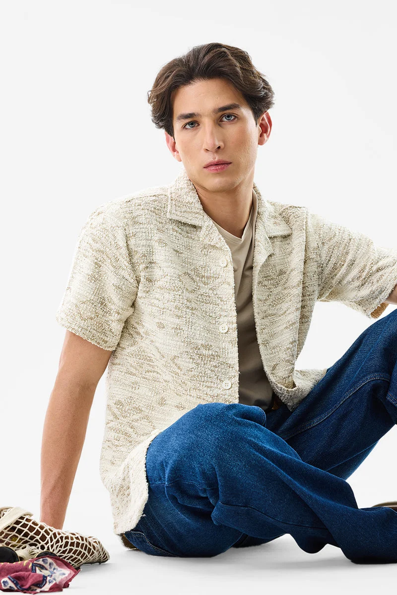 سنيتش Beige Geometric Half Sleeve Slim Fit Shirt