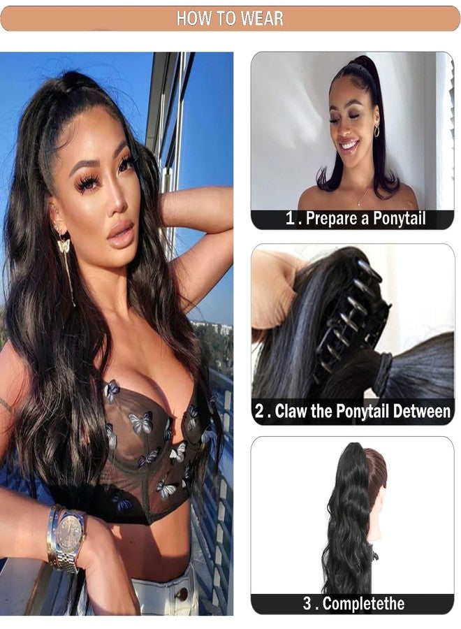 BLUSHIA Ponytail Extension Long Wavy Pony Tails Hair Extensions Natural Black Ponytail Claw for Women Synthetic Ponytail Hair Extension Clip in Hairpiece for Daily Use 22 Inch - Image 5