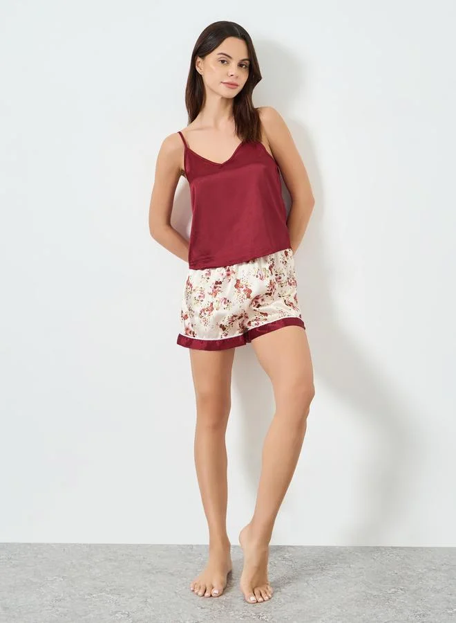 Take Two Burgundy Solid Cami and Floral Shorts Set