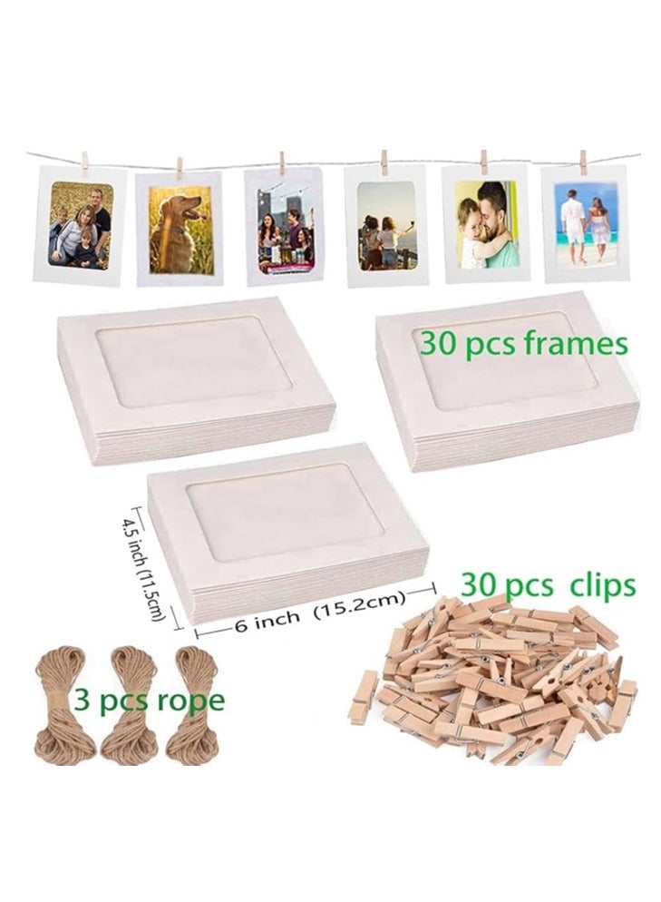 30 PCS DIY Paper Photo Frames 4x6 Picture Frame with Wooden Clips and String Hanging Cardboard Photo Frame 10x15 cm Set for Home Wall Decor (White 30 PACK) - Image 4