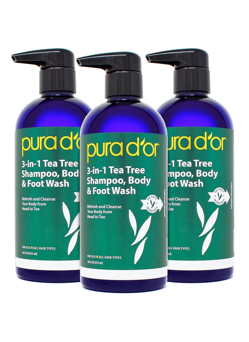 Pura d'or - PURA DOR 3in1 Tea Tree Shampoo Body  Foot Wash Shampoo 16oz x3  48oz Total Body Care  Foot Odor  Daily Hygiene Cleansing Routine PostWorkout Refreshment  Soothes Invigorates Nourishes - Image 1