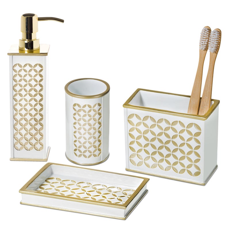 Creative Scents Diamond Lattice White Bathroom Accessories Set  Decorative 4 Piece Bathroom Accessory Set Includes Soap Dispenser Toothbrush Holder Soap Dish and Tumbler Gift Packaged
