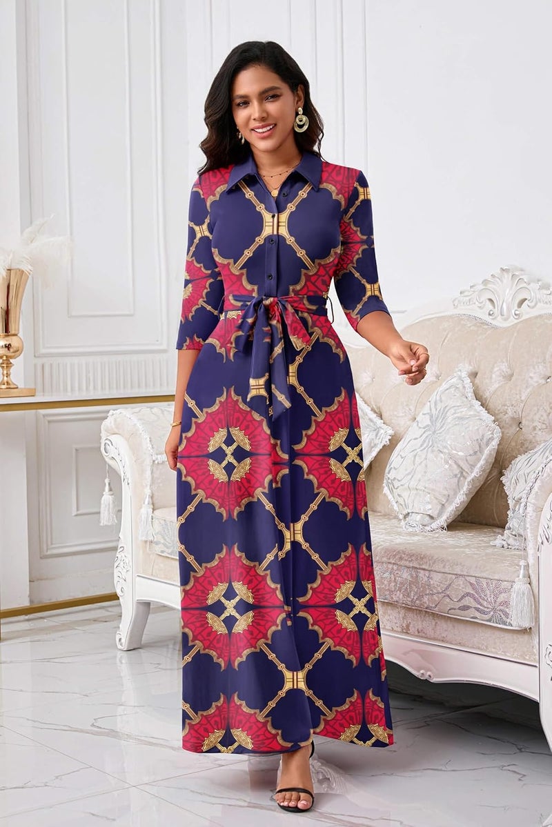 Women's Maxi Dress Long Sleeve Button Down Floral Print with Pockets - Image 3