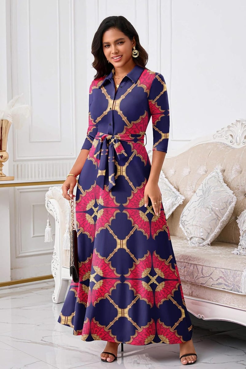 Women's Maxi Dress Long Sleeve Button Down Floral Print with Pockets - Image 4