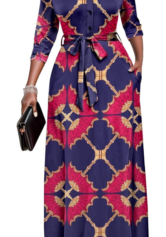 Women's Maxi Dress Long Sleeve Button Down Floral Print with Pockets - Image 1